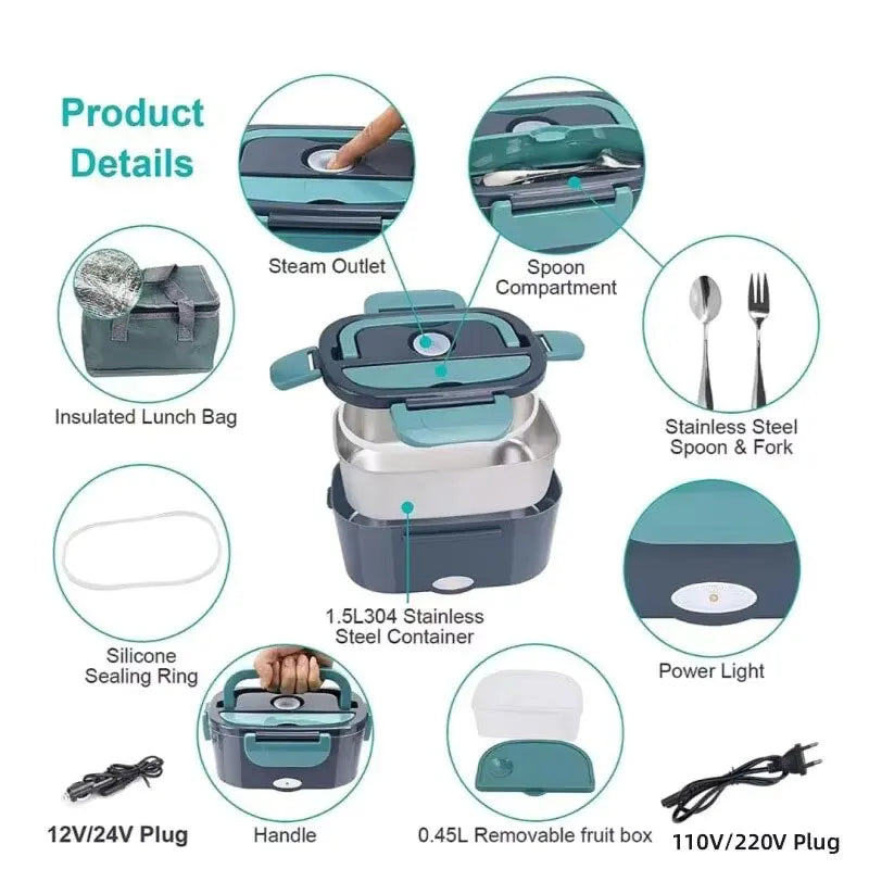 Portable Food Warmer Container Electric Lunch Box Stainless Steel for Car Truck Home Office Factory 110V//220V CuisyShop