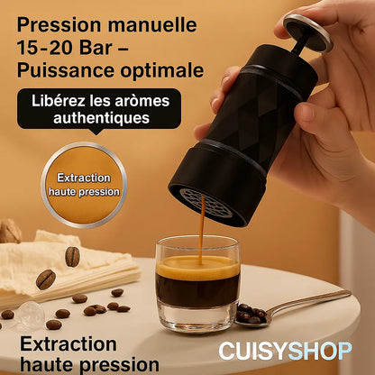 Cafetière Espresso Portable 4-en-1 – Capsules, Café Moulu & Mousseur à Lait – Idéale Voyage & Bureau CuisyShop
