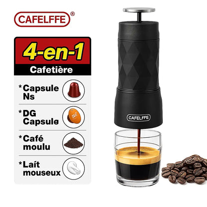 Cafetière Espresso Portable 4-en-1 – Capsules, Café Moulu & Mousseur à Lait – Idéale Voyage & Bureau CuisyShop